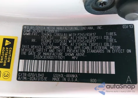 2013 Toyota Highlander Se V6 from USA, damaged, VIN 5TDZK3EHXDS111921